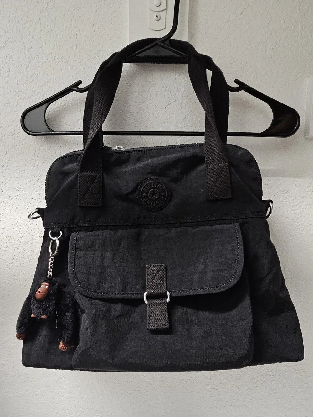 Kipling Pahneiro Black Nylon Shoulder Bag with Monkey Charm